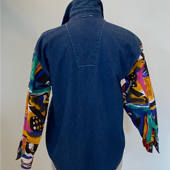 Absolutely No! Jeans Womens Vintage Denim Shirt w Bright Pattern Sleeves /Size S - Picture 4 of 9